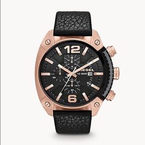 Diesel Overflow Black Leather Rose Gold Watch